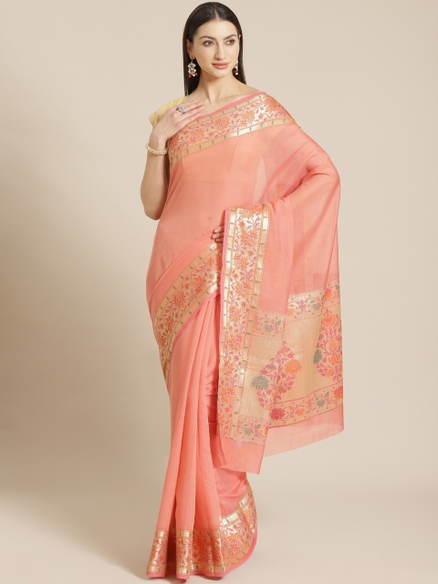 

Mitera Peach-Coloured Solid Zari Celebrity Banarasi Saree