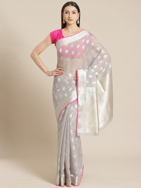 

Mitera Grey & Silver-Toned Zari Woven Design Celebrity Banarasi Saree