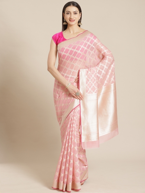 

Mitera Pink & Golden Zari Woven Design Checked Celebrity Banarasi Saree