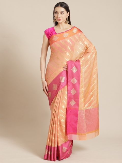 

Mitera Peach-Coloured & Golden Self-Striped Zari Banarasi Saree