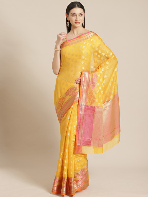 

Mitera Mustard Yellow & Golden Zari Woven Design Banarasi Saree