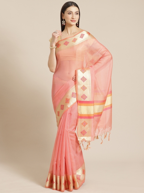 

Mitera Pink Self-Striped Banarasi Saree