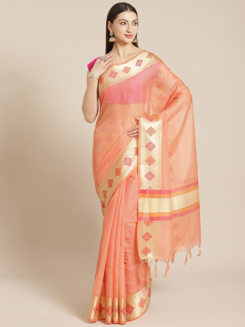

Mitera Peach-Coloured & Golden Zari Woven Design Checked Celebrity Banarasi Saree