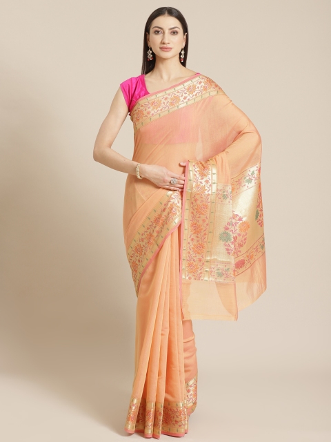 

Mitera Peach-Coloured Solid Banarasi Saree