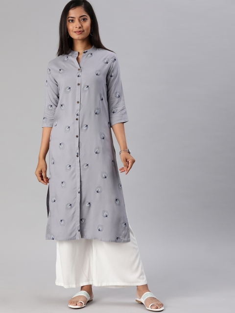 

MIMOSA Women Grey & Navy Blue Printed Straight Kurta