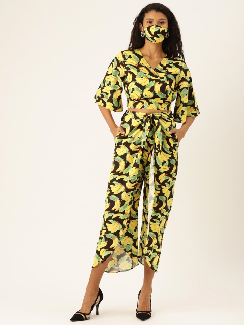 

DIVA WALK EXCLUSIVE Women Black & Yellow Tropical Print Top with Trousers & Mask