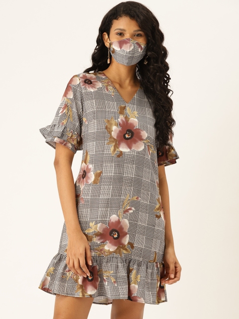

DIVA WALK EXCLUSIVE Women Black & White Printed Flounce Hem A-Line Dress