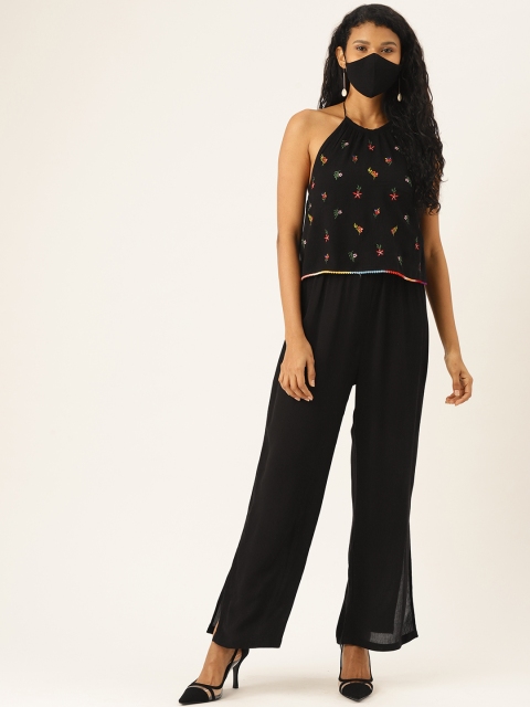 

DIVA WALK EXCLUSIVE Women Black Orange Embroidered Halter Neck Basic Jumpsuit