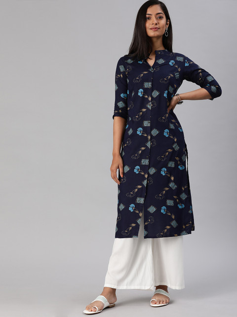 

MIMOSA Women Navy Blue & Gold-Toned Printed Straight Kurta