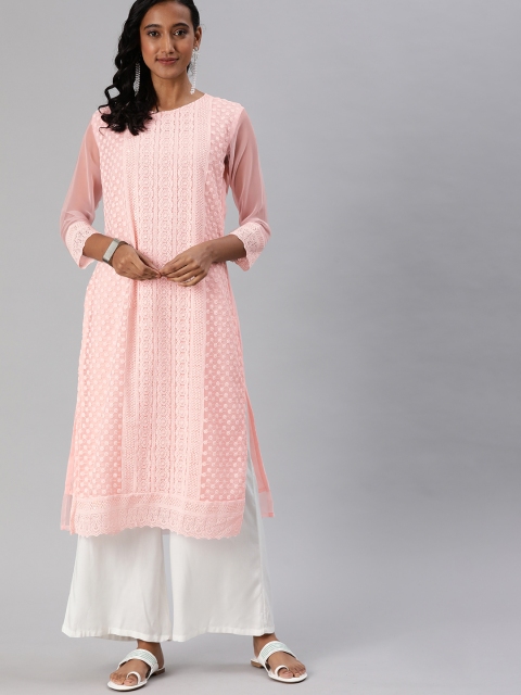 

MIMOSA Women Peach-Coloured Embroidered Straight Kurta