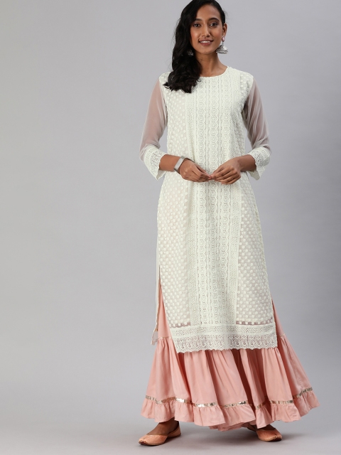 

MIMOSA Women White Embroidered Straight Kurta