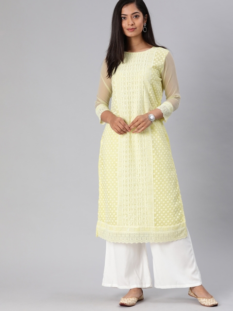 

MIMOSA Women Yellow Embroidered Straight Chikankari Kurta
