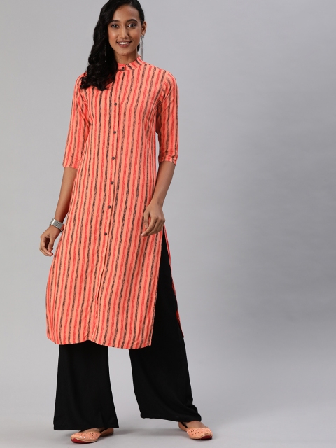 

MIMOSA Women Coral Orange & Red Striped Straight Kurta