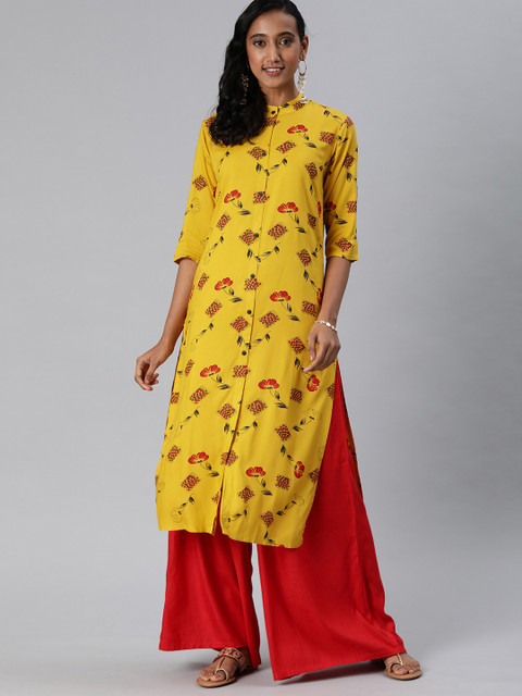 

MIMOSA Women Yellow & Red Printed Straight Kurta