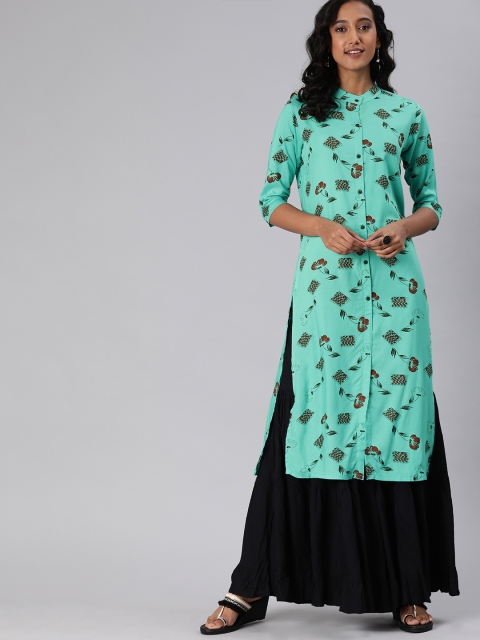 

MIMOSA Women Turquoise Blue & Brown Printed Straight Kurta
