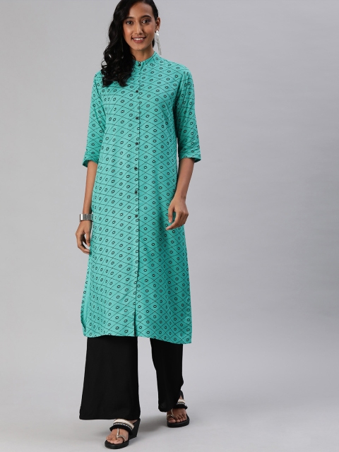 

MIMOSA Women Blue & Black Geometric Printed Straight Kurta