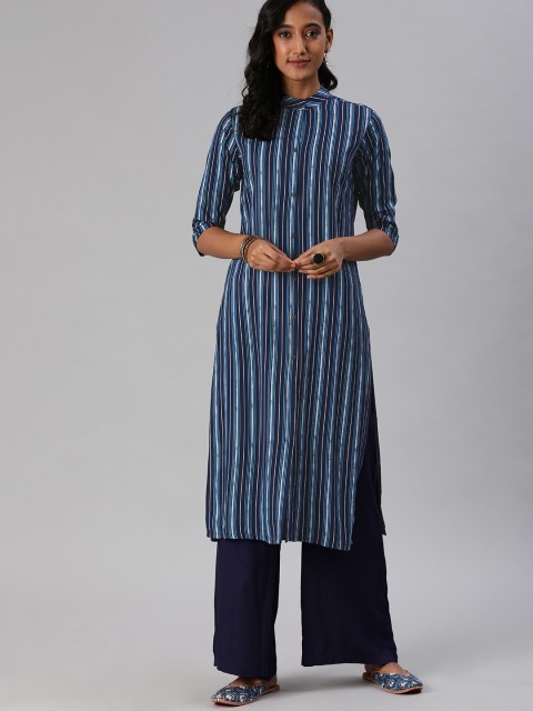 

MIMOSA Women Navy Blue & White Striped Straight Kurta