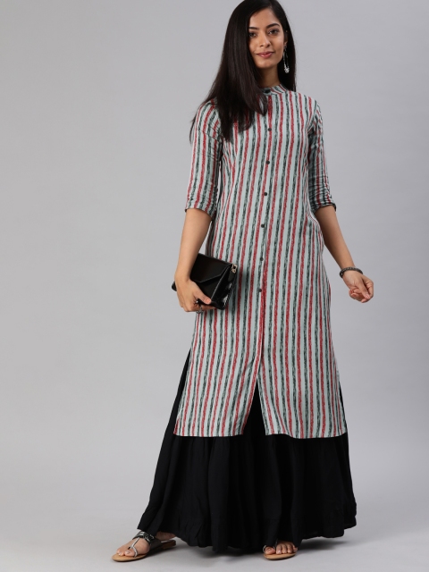 

MIMOSA Women Grey & Red Striped Straight Kurta