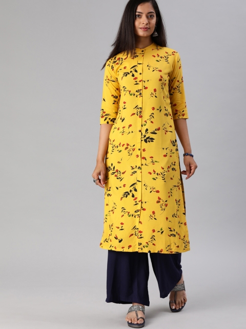 

MIMOSA Women Yellow Floral Printed Straight Kurta
