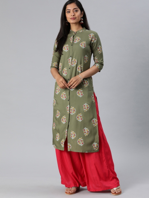 

MIMOSA Women Green & Khaki Printed Straight Kurta