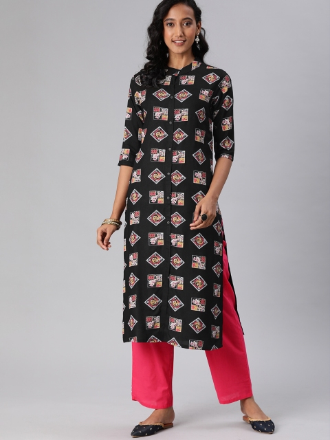 

MIMOSA Women Black Printed Straight Kurta