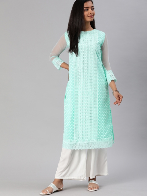

MIMOSA Women Sea Green & White Chikankari Embroidered Straight Kurta
