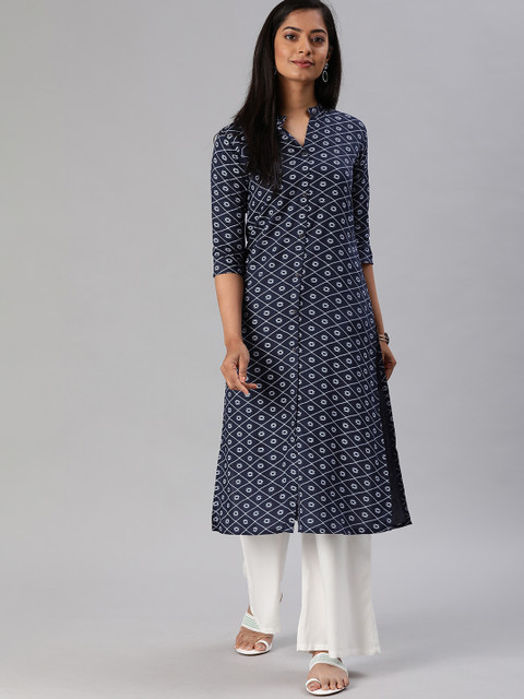 

MIMOSA Women Navy Blue Printed Straight Kurta