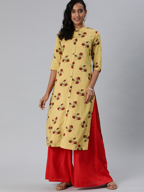 

MIMOSA Women Yellow & Red Printed Straight Kurta