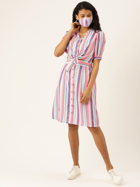 

DIVA WALK EXCLUSIVE Women Pink & Blue Candy Strip Top with Skirt & Mask