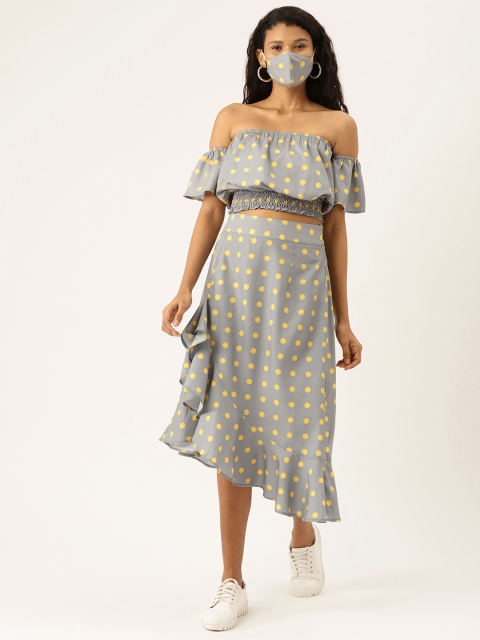 

DIVA WALK EXCLUSIVE Women Grey & Mustard Yellow Polka Dot Printed Top with Skirt & Mask