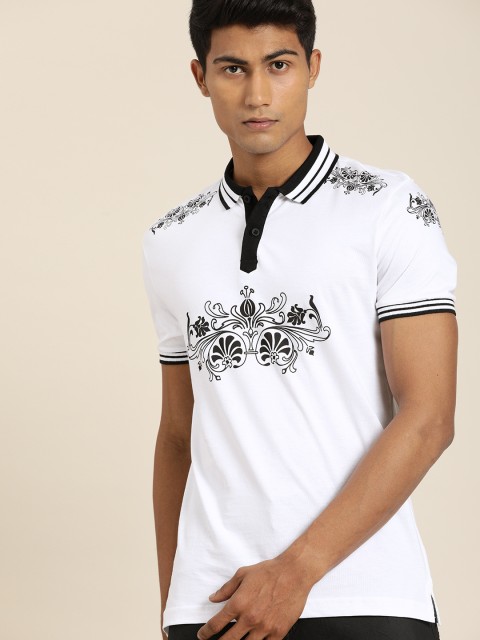 

Moda Rapido Men White Ethnic Printed Polo Collar Pure Cotton T-shirt with Tipping Detail