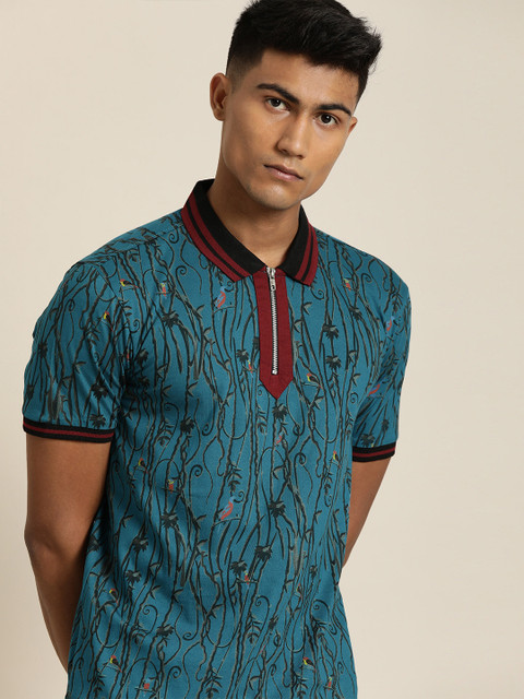 

Moda Rapido Men Teal Blue Grey Printed Polo Collar Pure Cotton T-shirt