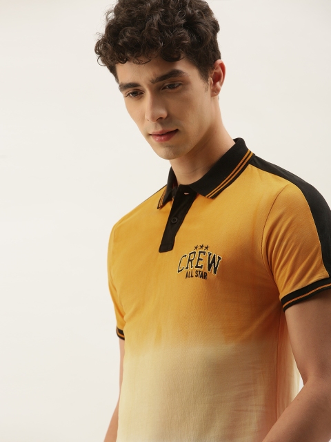 

Moda Rapido Men Mustard Yellow White Tie and Dye Polo Collar Pure Cotton T-shirt