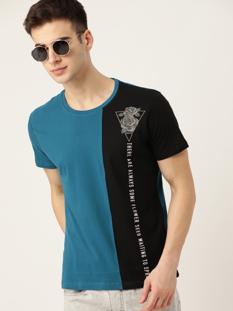 

Moda Rapido Men Teal Blue Black Colourblocked Pure Cotton T-shirt