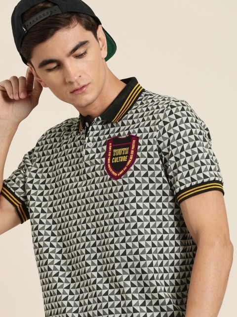 

Moda Rapido Men Grey Printed Polo Collar Pure Cotton T-shirt