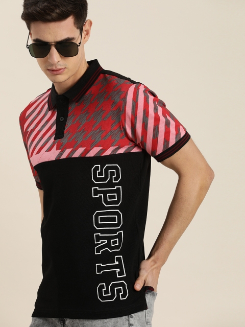 

Moda Rapido Men Black Pink Colourblocked Polo Collar Pure Cotton T-shirt
