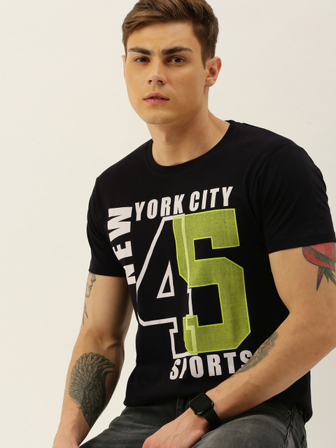 

Moda Rapido Men Black Printed Round Neck Pure Cotton T-shirt