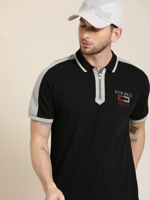 

Moda Rapido Men Black Solid Polo Collar Pure Cotton T-shirt with Printed Detail