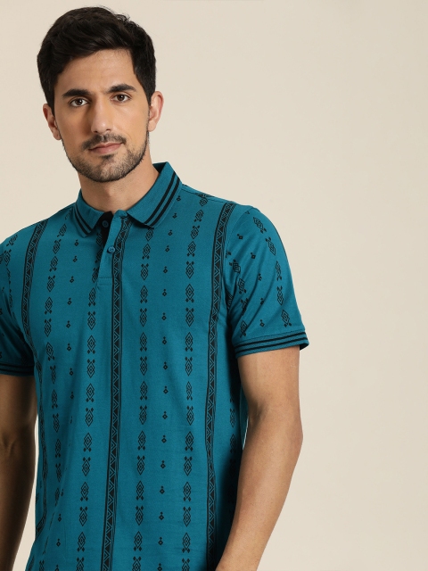 

Moda Rapido Men Teal Blue Black Pure Cotton Printed Polo Collar Pure Cotton T-shirt