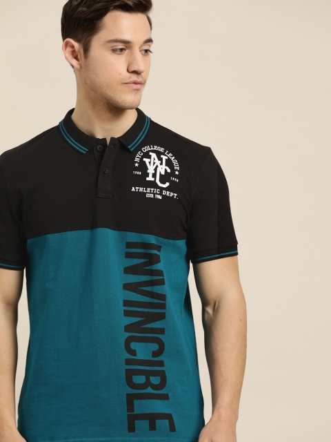

Moda Rapido Men Teal Blue & Black Pure Cotton Colourblocked Polo Collar T-shirt