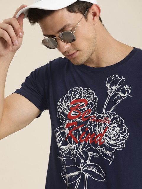

Moda Rapido Men Navy Blue Floral Printed Round Neck Pure Cotton T-shirt