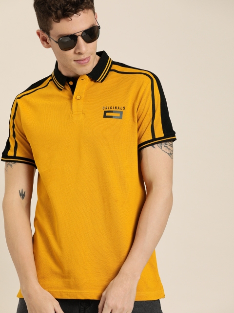 

Moda Rapido Men Mustard Yellow Solid Polo Collar Pure Cotton T-shirt with Striped Detailing