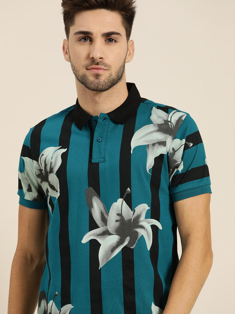 

Moda Rapido Men Teal Blue Black Striped Floral Print Polo Collar Pure Cotton T-shirt