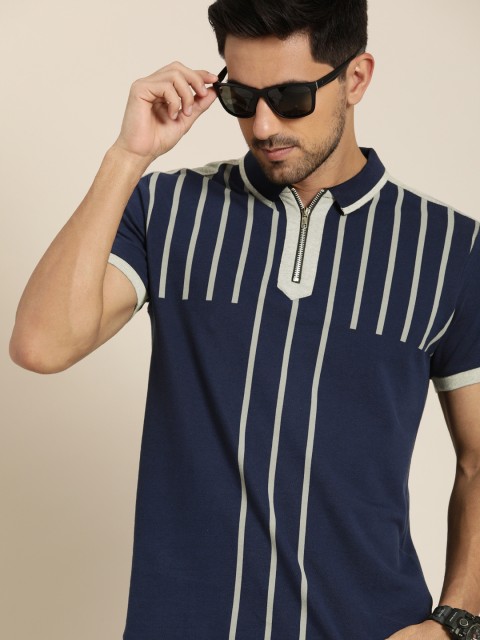 

Moda Rapido Men Navy Blue Grey Striped Polo Collar Pure Cotton T-shirt