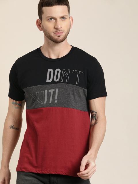 

Moda Rapido Men Maroon Black Colourblocked Round Neck Pure Cotton T-shirt with Print