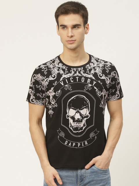 

Moda Rapido Men Black & White Skull Printed Pure Cotton Round Neck T-shirt