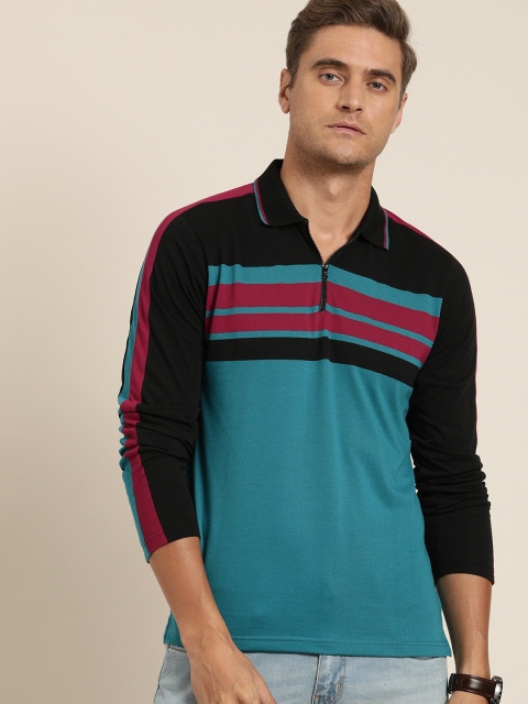 

Moda Rapido Men Teal Blue & Black Striped Polo Collar T-shirt