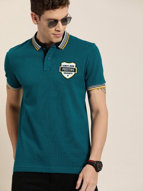

Moda Rapido Men Teal Blue Solid Polo Collar T-shirt with Applique