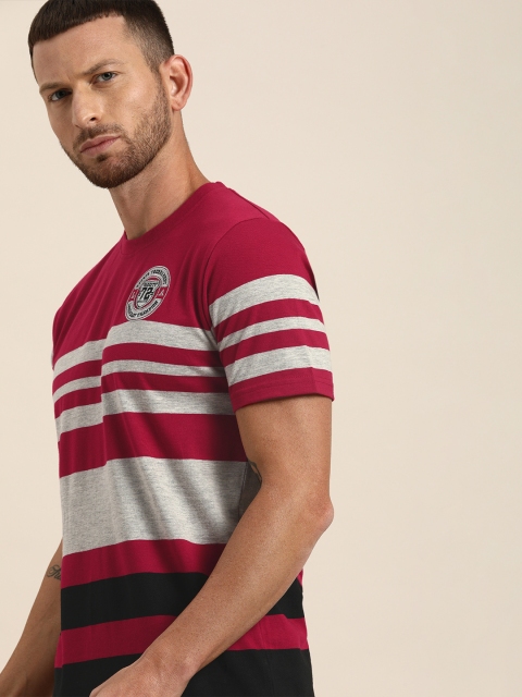 

Moda Rapido Men Maroon & Grey Striped Round Neck T-shirt