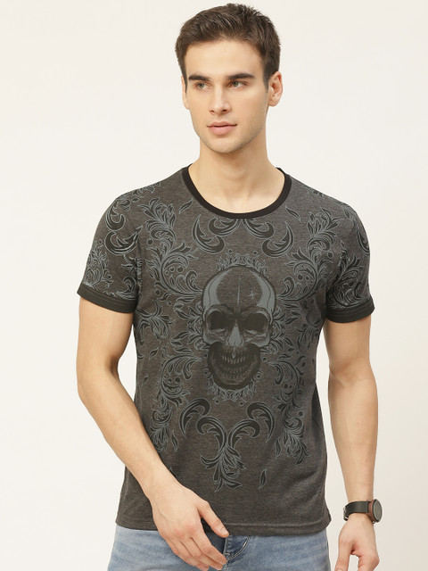 

Moda Rapido Men Charcoal Grey & Green Skull Printed T-shirt